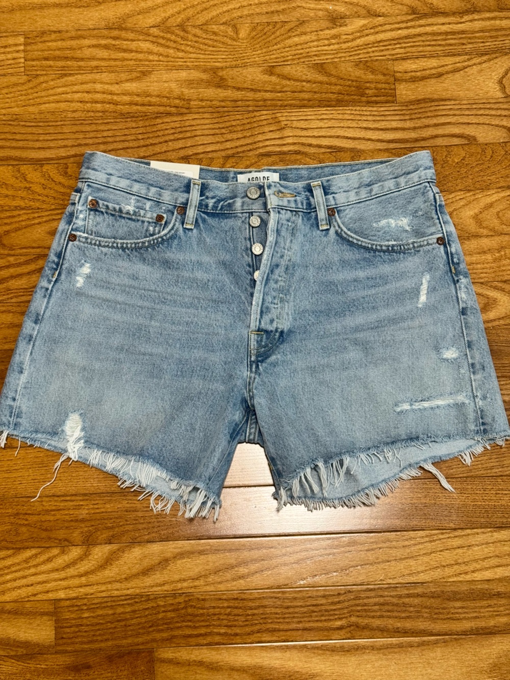 NWT AGOLDE Parker Long Shorts Light Wash Distressed Button-Fly Denim Shorts